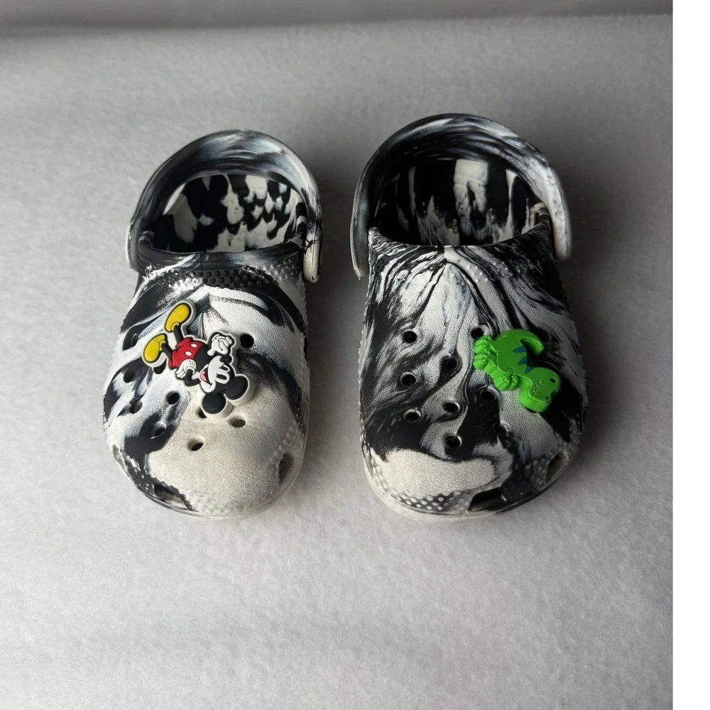 Crocs Kids Classic Marbled Clog Black White Marble Mickey Mouse Dinosaur Size C6